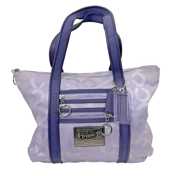 Coach Poppy Tote Shoulder Bag Lavender Purple Canvas Logo Metallic Pink Liner - Picture 1 of 16